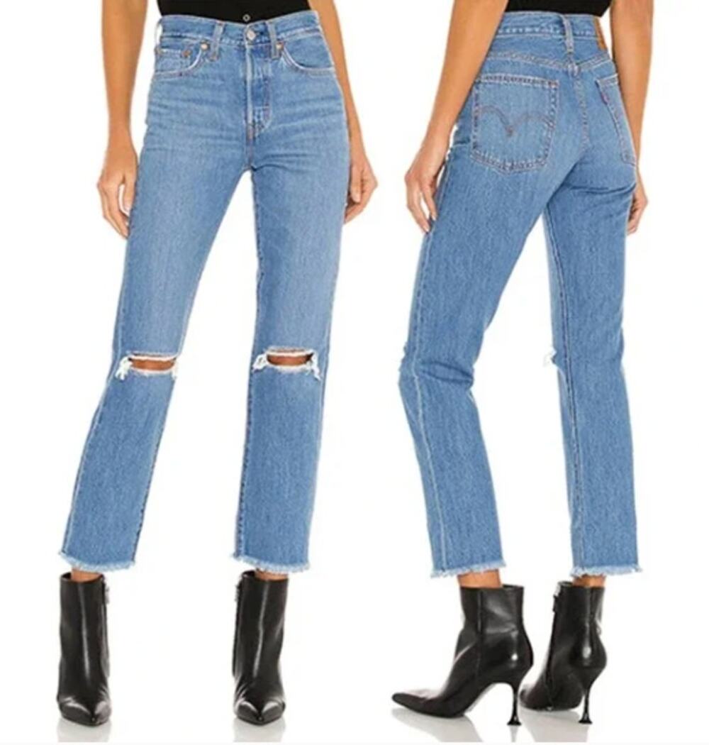 Levi's Wedgie Straight Premium Big E Raw Hem Ripped Jeans 25 NWOT